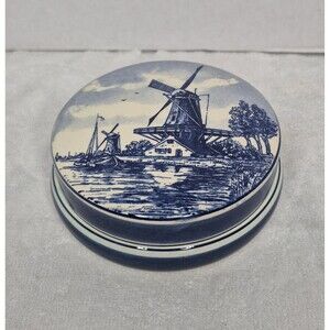 Delft blue Porcelain handpainted Holland nautical windmill trinket box with lid